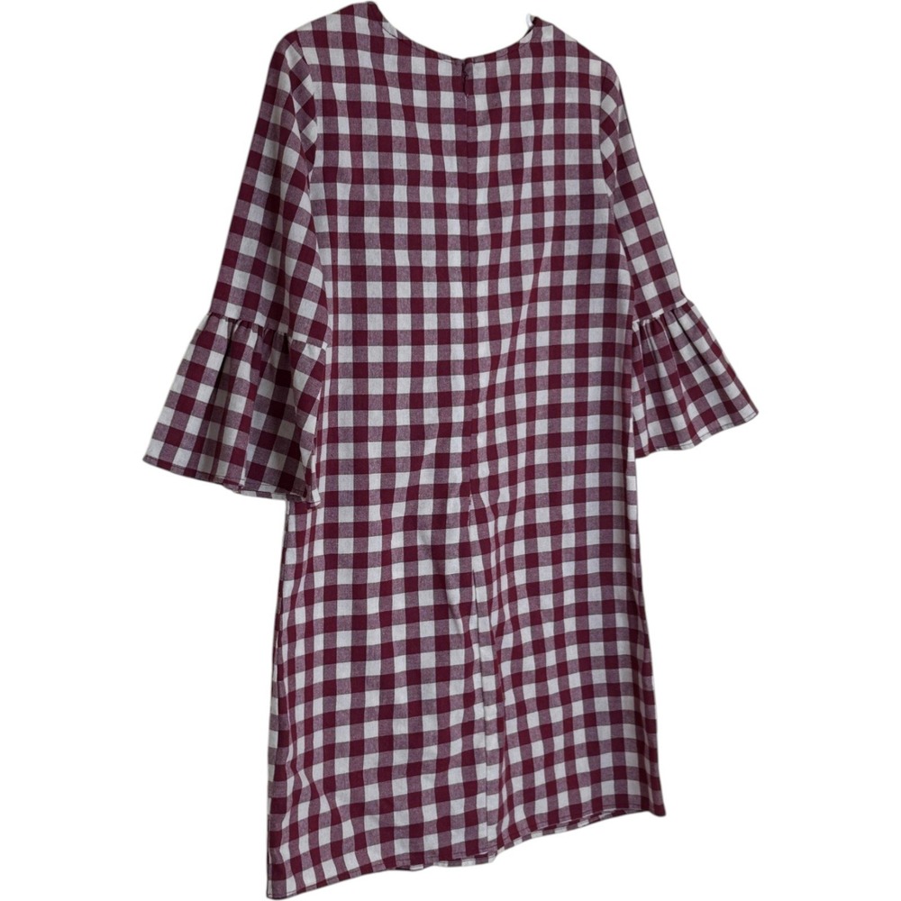 Ces Femme Shift Dress Womens Medium Burgundy Gingham Plaid Bell Sleeve Ruffle - Picture 2 of 9